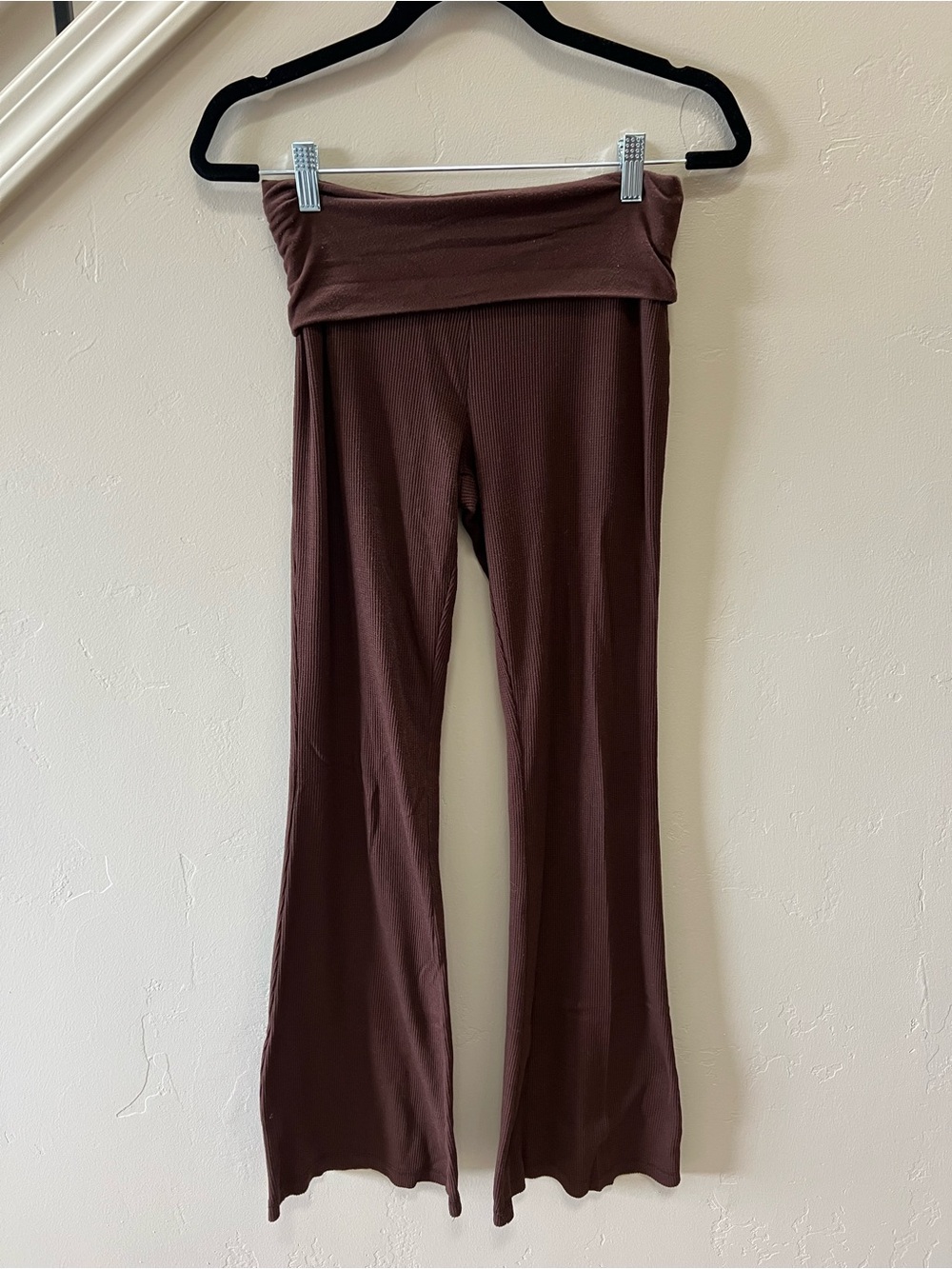 No Boundaries Ribbed Fold-Over Waist Flare Leggings - Brown